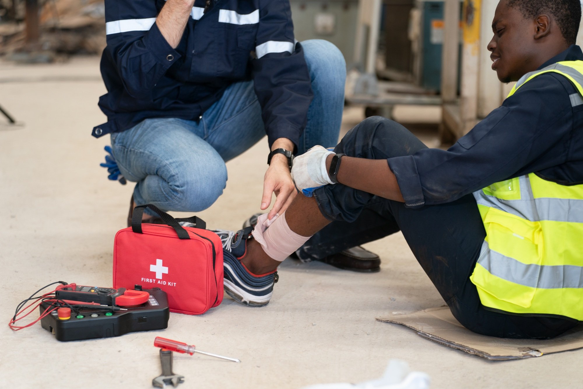 Dangerous accident in warehouse during work - wounded worker